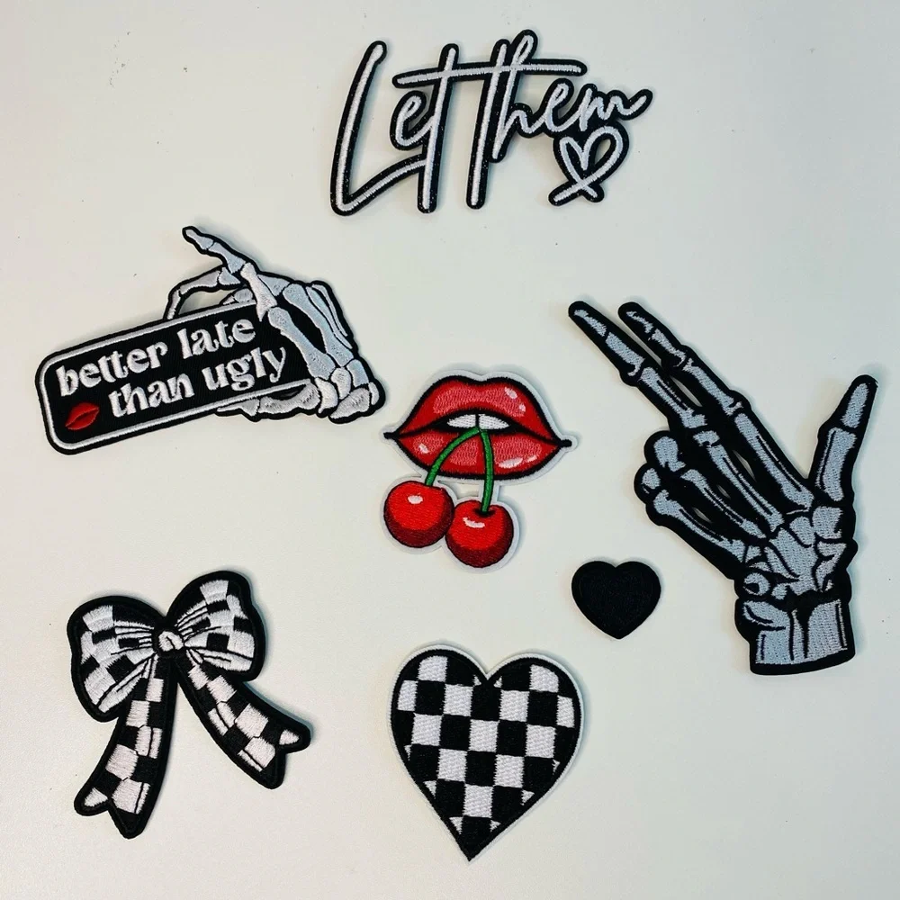 Lot of 7 embroidered iron on patches, checkered heart, let them, punk, Skeleton